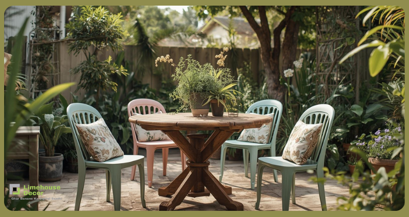 epainted old furniture styled beautifully in garden setup