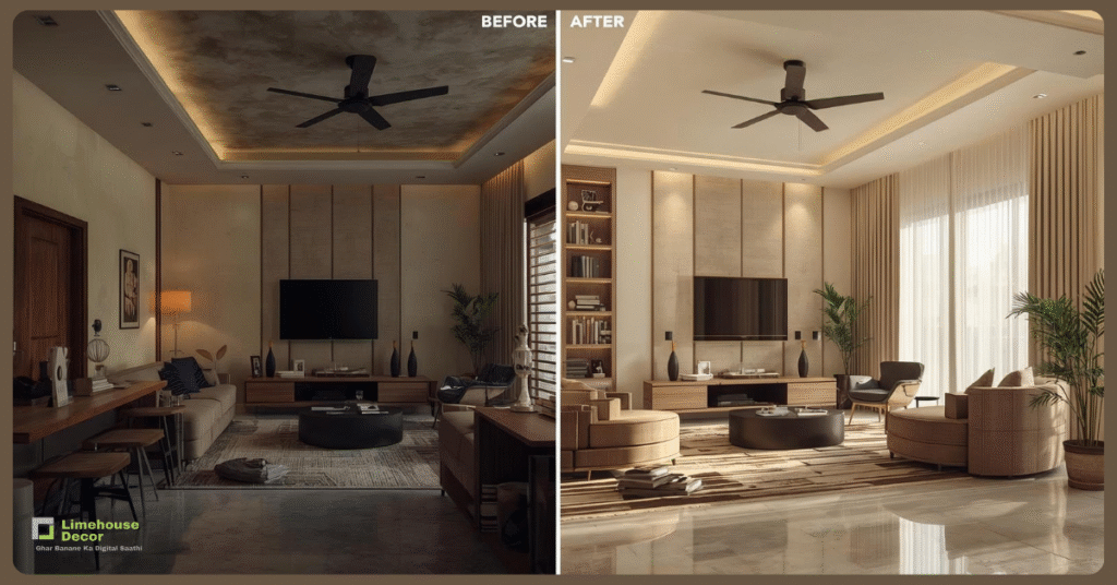 Before and after living room old flat renovation in India