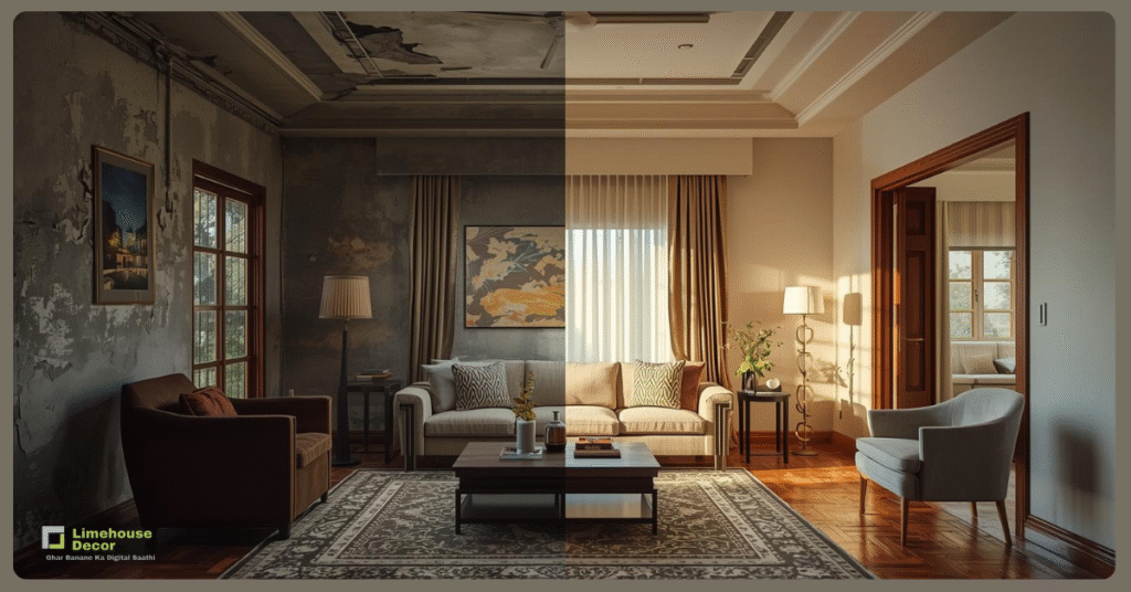 Before and after old flat renovation comparison by Limehouse Decor.