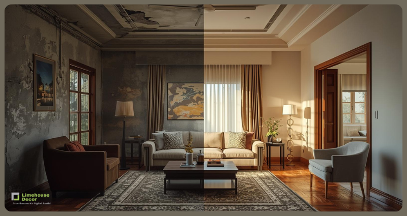 Before and after old flat renovation comparison by Limehouse Decor.