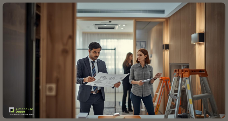 Professional old flat renovation team working on site in India.