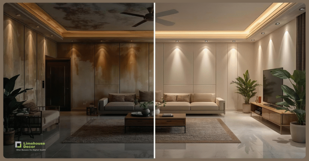 modern living room transformation during old flat renovation