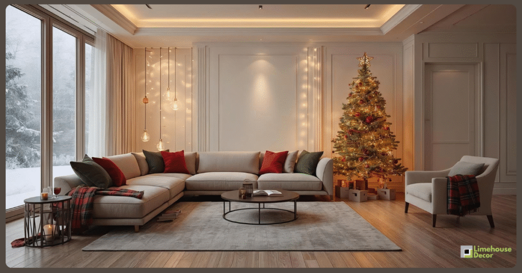 Modern Christmas living room with tartan cushions, decorated tree, warm lights, and festive home décor in an Indian home.