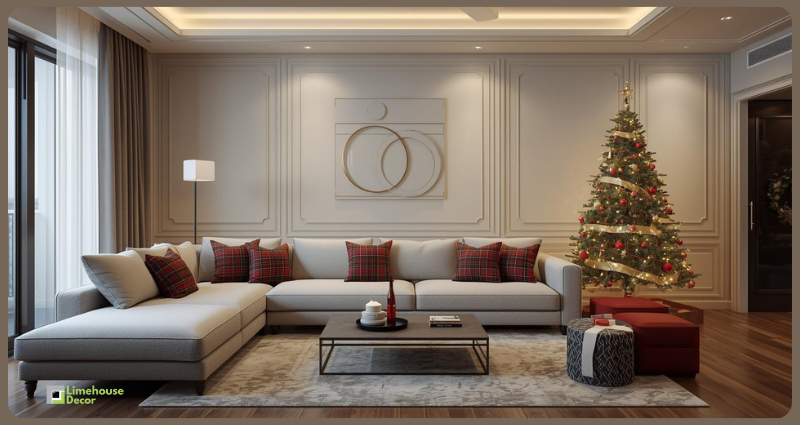 Tartan Christmas decor ideas for living room with cushions and tree.