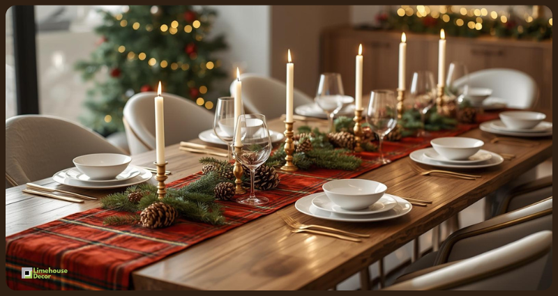 Festive dining table styled with tartan table runner in Indian home.