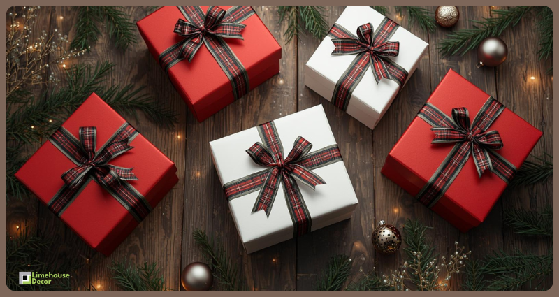 Christmas gift wrapping ideas using tartan ribbon.