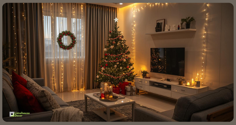 Premium modern Christmas home decor setup with fairy lights, mini tree, festive cushions, and candles in a stylish Indian living room under ₹2000.