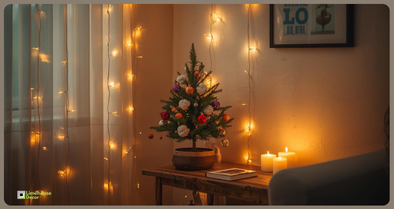 Christmas home decor setup with mini tree, lights, and candles in an Indian home under ₹2000