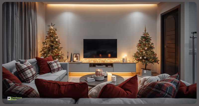 Affordable Christmas living room decor with red cushions, fairy lights, and festive accessories.