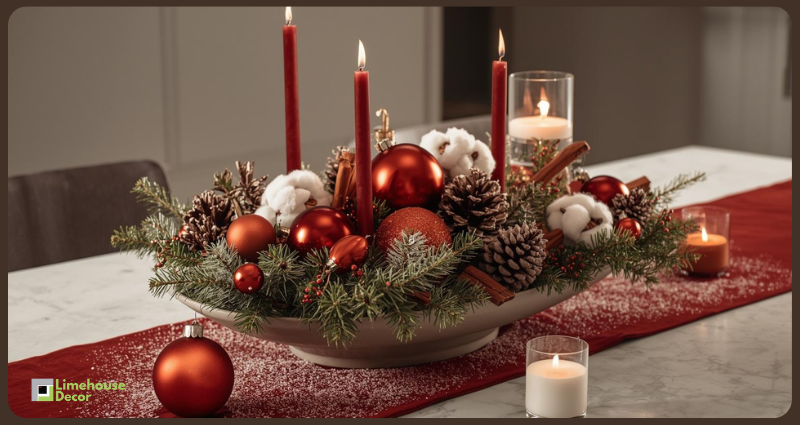 Christmas dining table centerpiece with candles, pinecones, and ornaments under ₹500