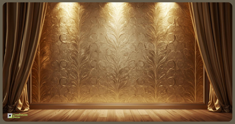 Metallic gift wrap wall panel decorated with gold ribbons.