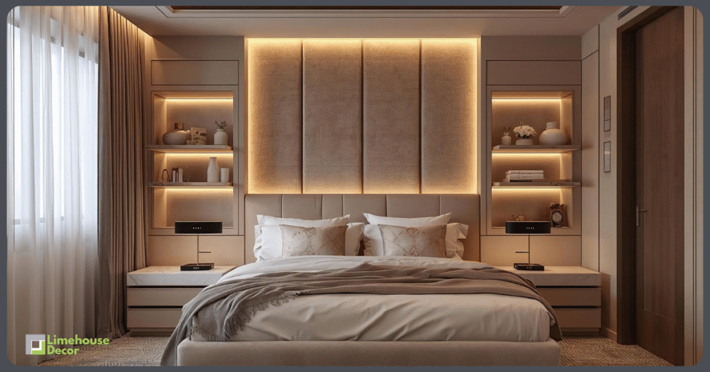 Luxury small bedroom design ideas featuring warm lighting, velvet headboard, floating shelves, and elegant décor for compact modern homes.