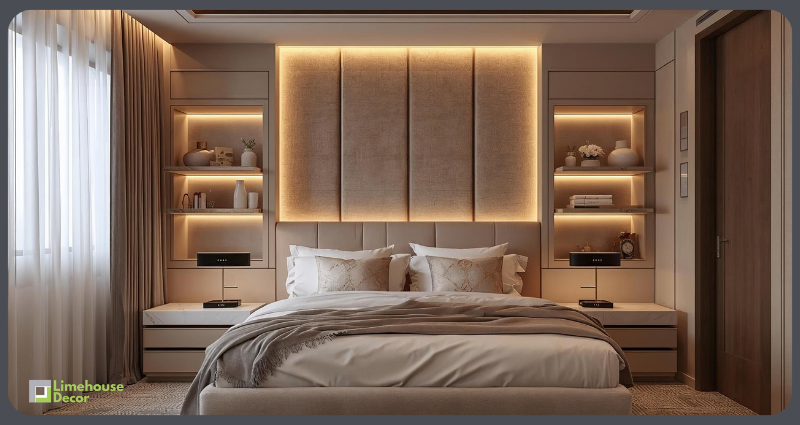 Luxury small bedroom design ideas featuring warm lighting, velvet headboard, floating shelves, and elegant décor for compact modern homes.