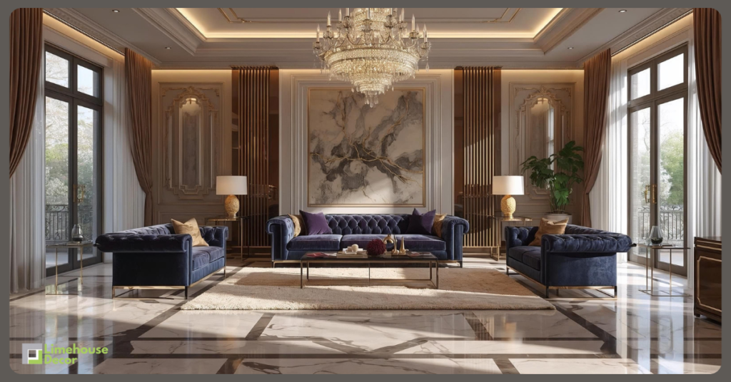 Luxury modern sofa set design for living room featuring a royal velvet sofa, marble flooring, gold accents, and premium 2025 interior styling in a photorealistic setup.