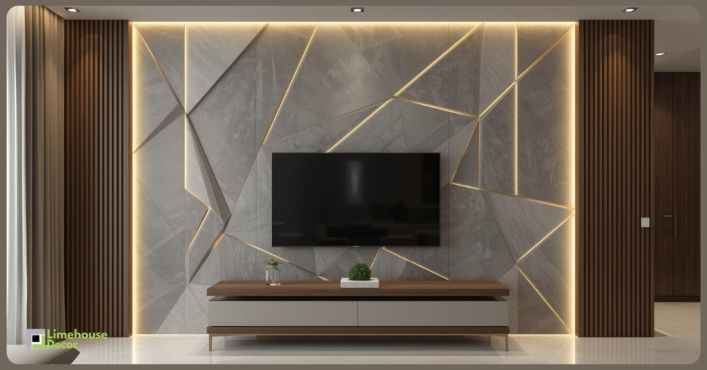 Modern geometric PVC wall panel design with LED lighting