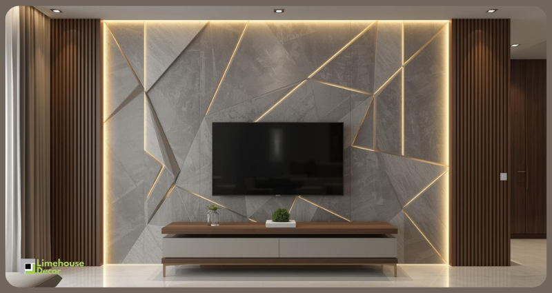 Modern geometric PVC wall panel design with LED lighting