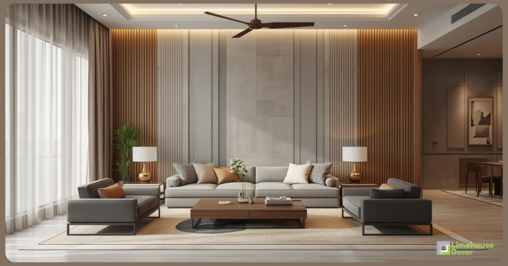 Modern wall paneling design for living room in Indian home