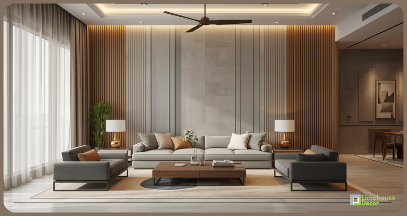 Modern wall paneling design for living room in Indian home