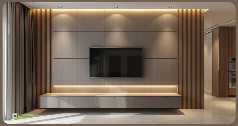 TV wall paneling design with laminate finish