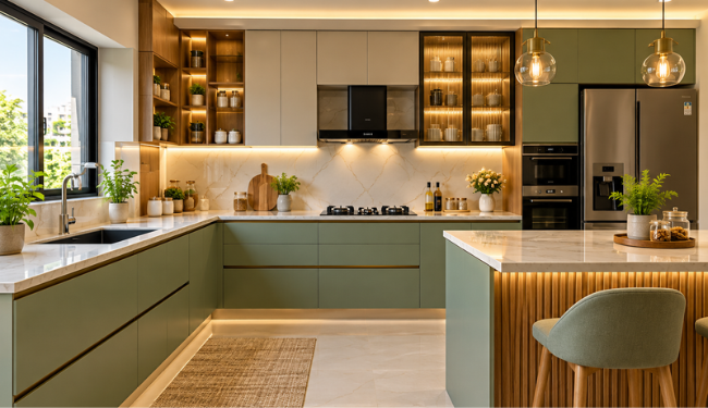 Modern sage green modular kitchen with marble countertop, wooden accents, glass cabinets and warm LED lighting