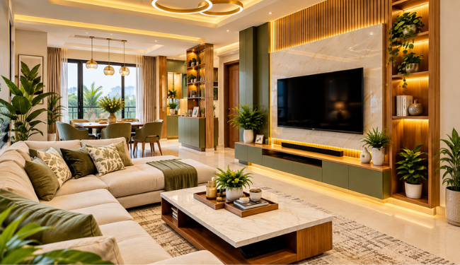 Budget-friendly modern living room interior with beige sofa, sage green TV unit, wooden panels and warm lighting