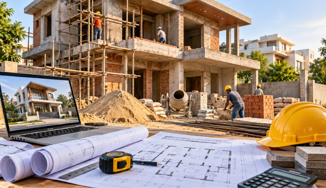 Residential house under construction with architectural blueprints, building materials, hard hat and construction planning tools