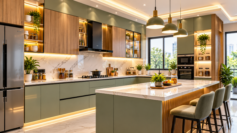 Modern sage green modular kitchen with wooden cabinets, marble countertop and LED lighting