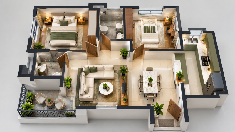 3D top view of a modern 2BHK apartment floor plan with two bedrooms, living room, kitchen and bathrooms