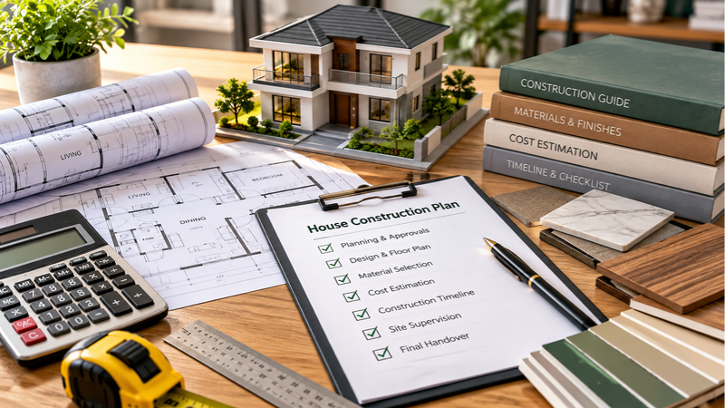 House construction planning checklist with architectural blueprints, cost calculator and a model house