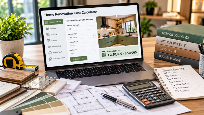 Home renovation budget planning with a laptop cost calculator, interior material samples and renovation checklist