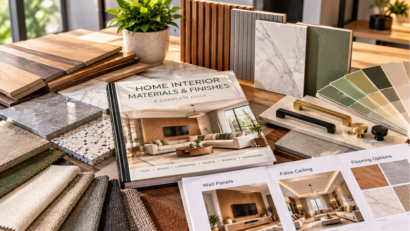 Home interior design materials and finishes guide with wood, marble, fabric, wall panel and paint samples