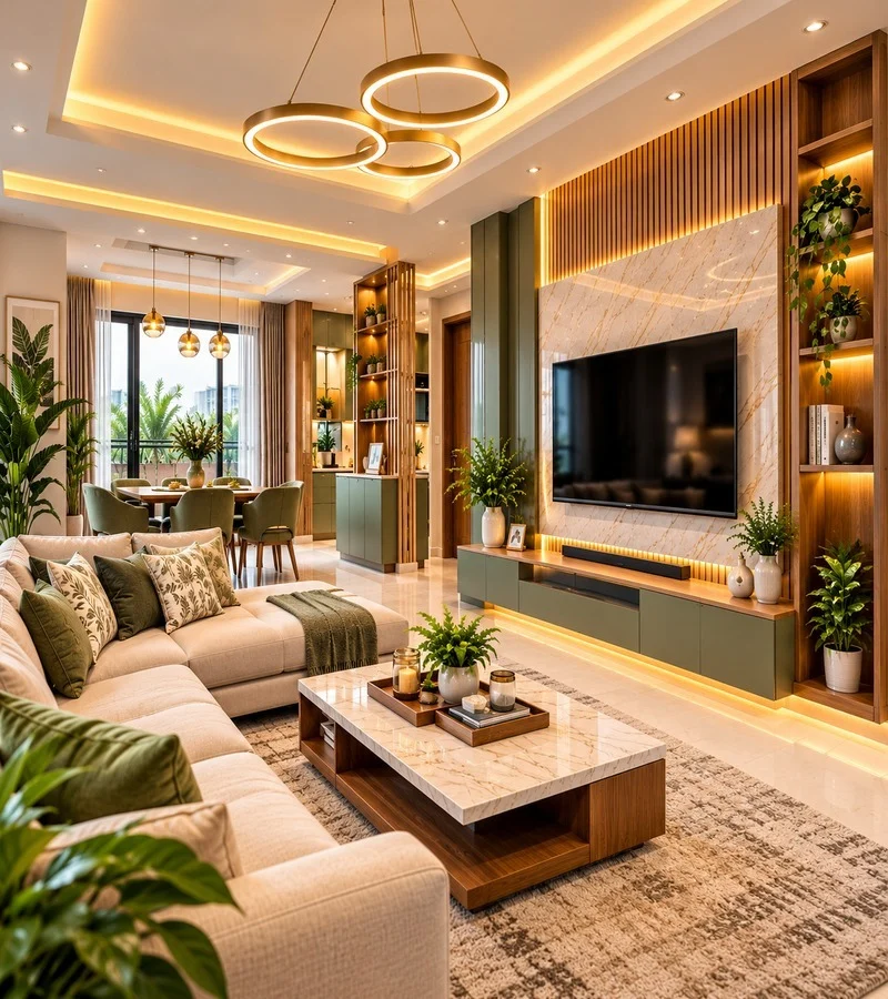 Alt Text: `Modern luxury living room interior with beige sofa, sage green TV unit, marble wall, wooden panels and warm LED lighting`
