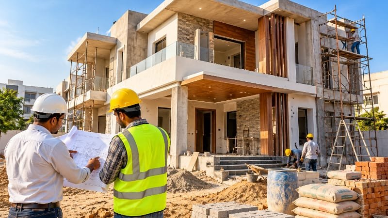 Modern residential house construction in progress