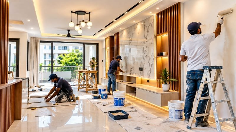 Modern home renovation with wall panel installation and interior finishing