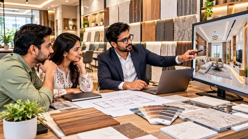 Interior designer consulting clients on home design plans and material samples